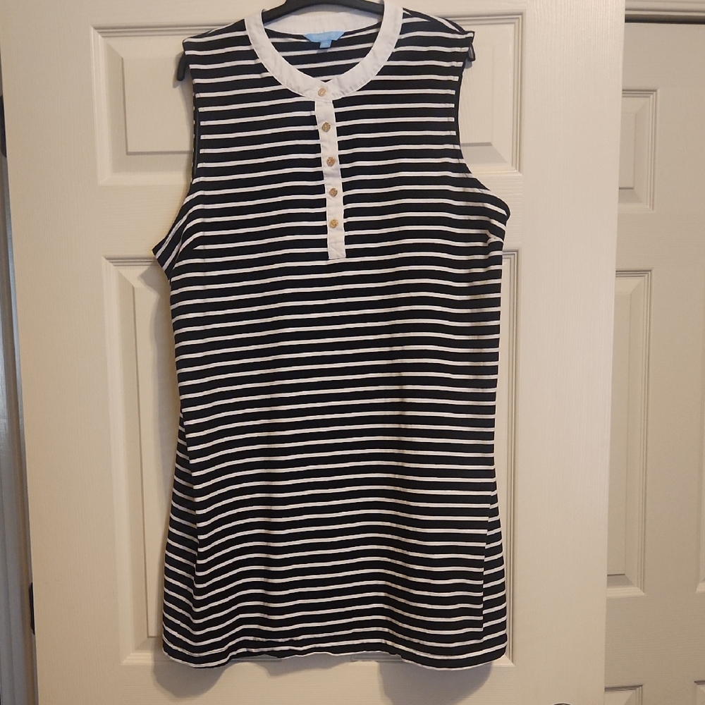 Draper James RSVP Sleeveless Black and White Striped Henley Dress, XXL